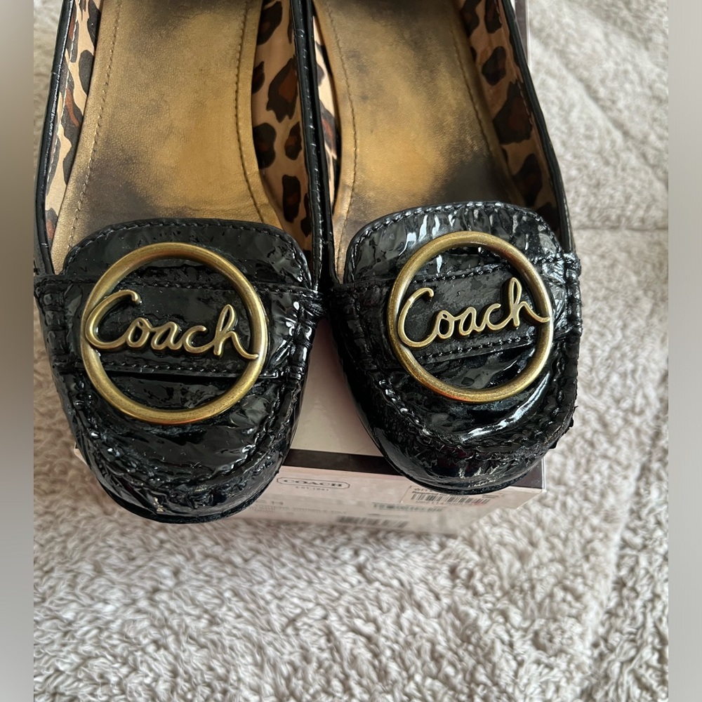 Coach Black Patent Leather Loafers with Gold Logo Medallions - Picture 4 of 11